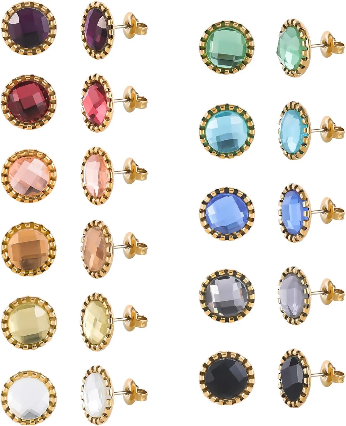 11 Pairs Crystal Rhinestone Stud Earrings Gold Plated Stainless Steel Multicolor Dance Stud Earrings Set for Women