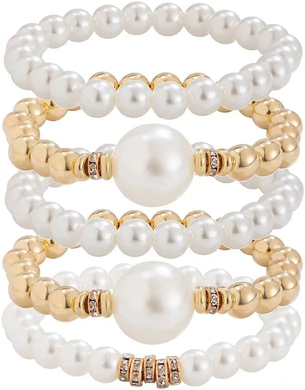 14k Gold Bead Beaded Bracelets Stack Stretch Pearl Bead Ball Strand Bracelets Stackable Cuff Bangle Bracelets for Women Trendy Jewelry Gifts