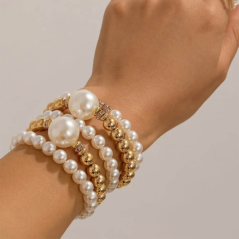 14k Gold Bead Beaded Bracelets Stack Stretch Pearl Bead Ball Strand Bracelets Stackable Cuff Bangle Bracelets for Women Trendy Jewelry Gifts