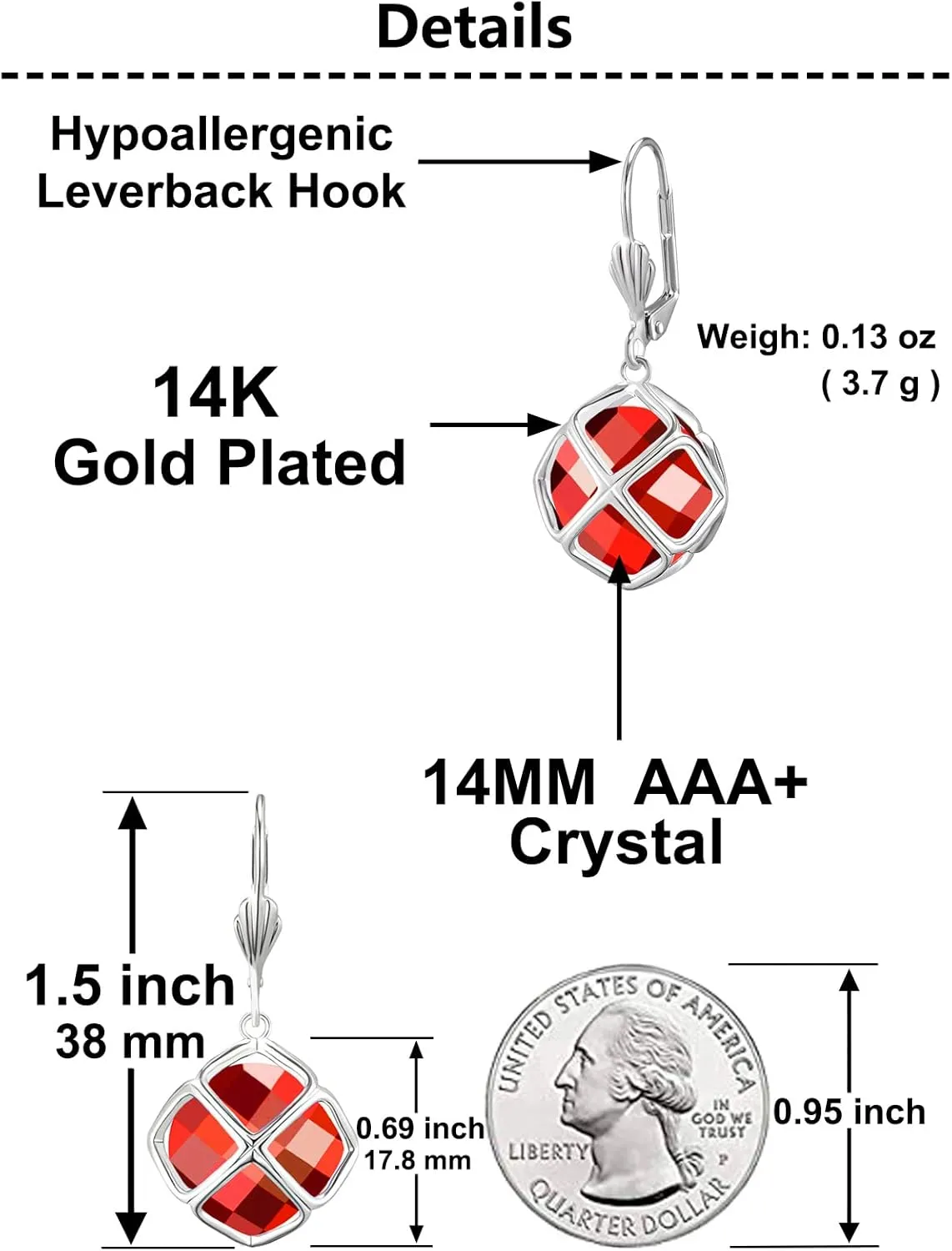 14MM Austrian Crystal Dangle Earrings for Women 14K Glod Jewelry