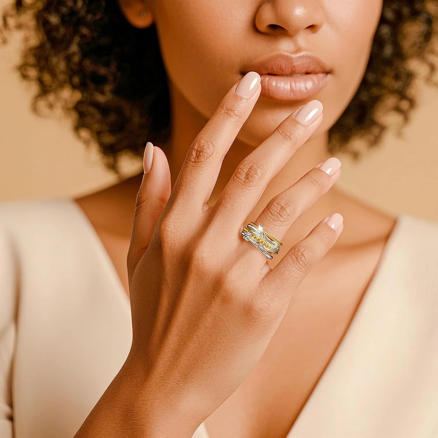18k Gold Plated Interlocked Stackable Rings for Women Silver Gold Twisted 4 Rings Set Non Tarnish Multi-Link Connected Ring Jewelry Gifts and Mother's Day