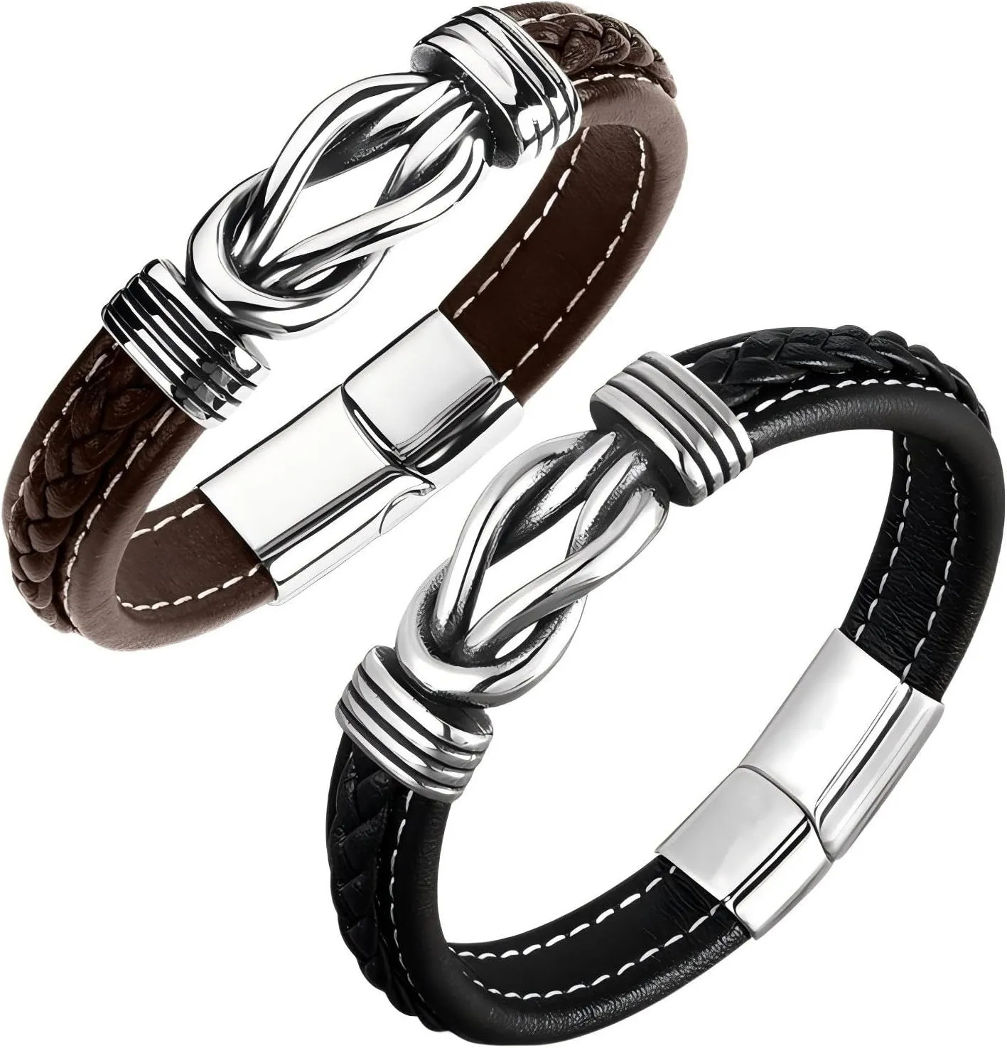2 Simple Twisted Rope Leather Bracelets, Men's Hand Woven Number 8 Leather Bracelets
