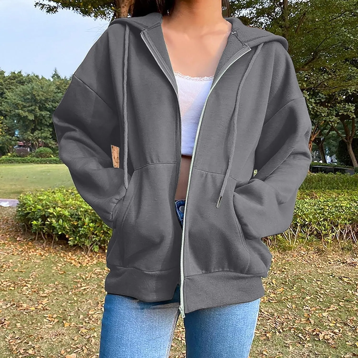 2024 Fall Trendy Hoodie Oversized Solid Long Sleeve Full Zip Up Casual Drawstring Hooded Jacket Loose Open Front Coat
