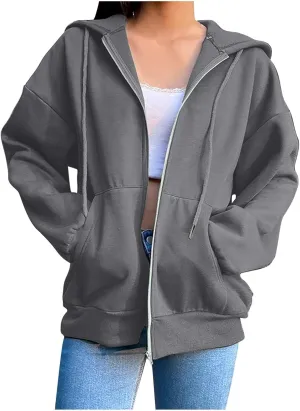 2024 Fall Trendy Hoodie Oversized Solid Long Sleeve Full Zip Up Casual Drawstring Hooded Jacket Loose Open Front Coat