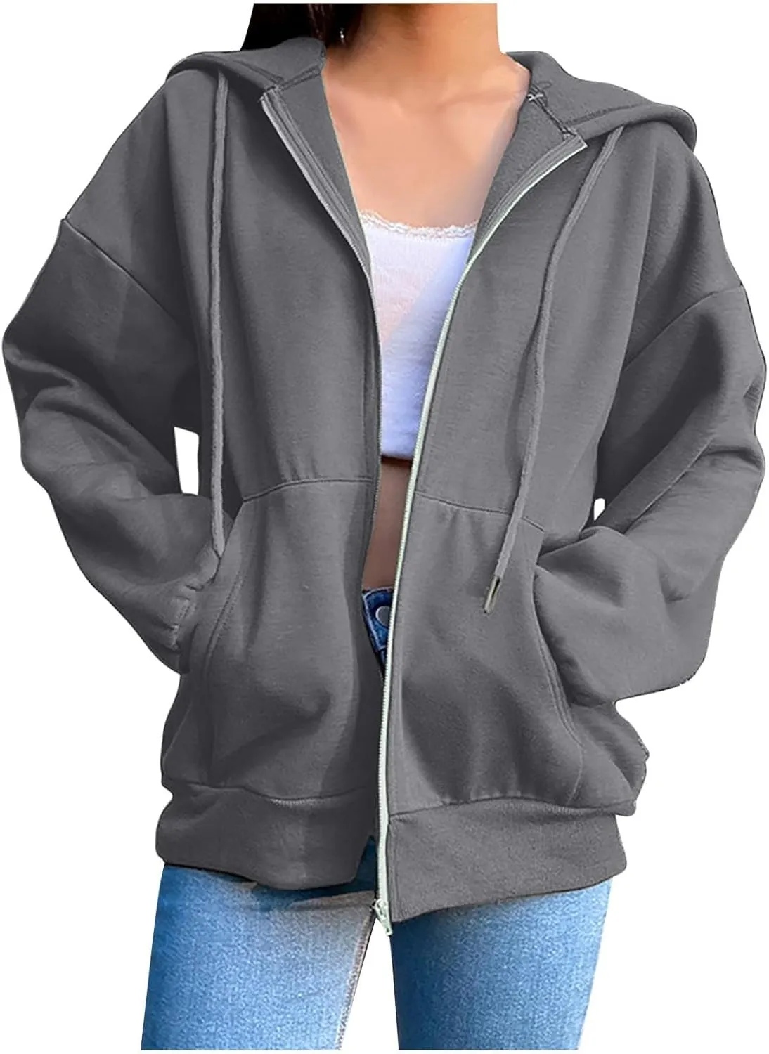 2024 Fall Trendy Hoodie Oversized Solid Long Sleeve Full Zip Up Casual Drawstring Hooded Jacket Loose Open Front Coat