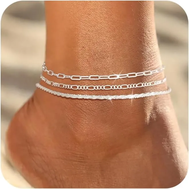 2/3Pcs Ankle Bracelets for Women - Silver Anklet Set Dainty Layered Herringbone, Rope, and Figaro Paperclip Chain Beach Foot Jewelry Gift (Silver Plated)