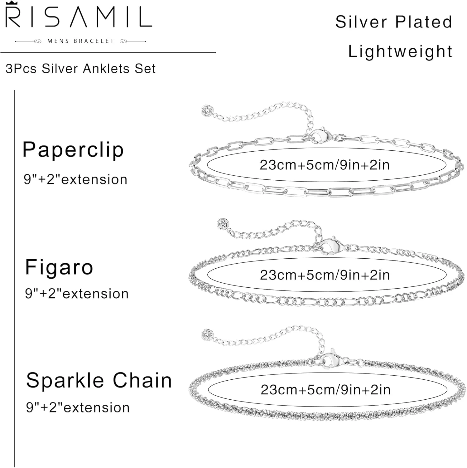 2/3Pcs Ankle Bracelets for Women - Silver Anklet Set Dainty Layered Herringbone, Rope, and Figaro Paperclip Chain Beach Foot Jewelry Gift (Silver Plated)