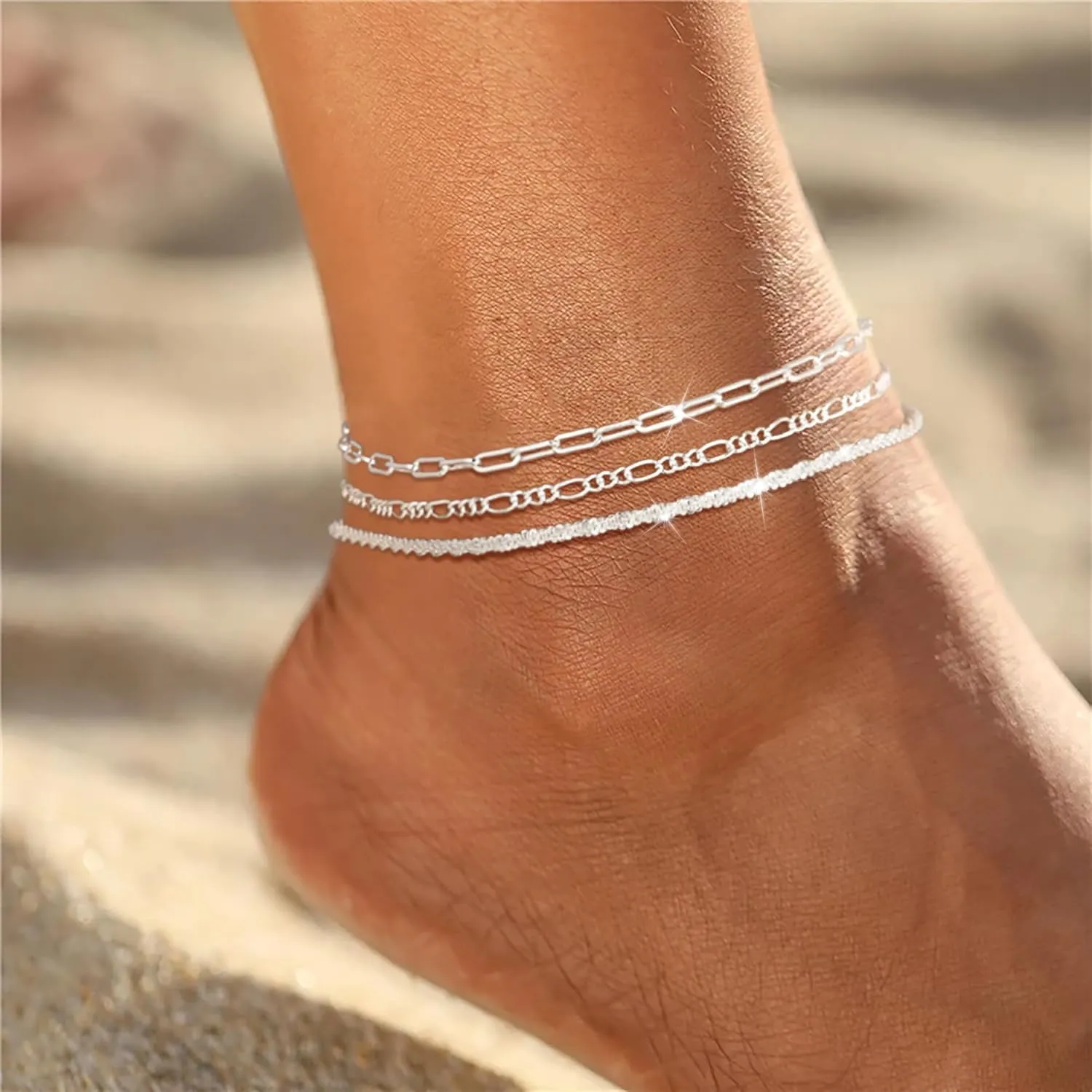 2/3Pcs Ankle Bracelets for Women - Silver Anklet Set Dainty Layered Herringbone, Rope, and Figaro Paperclip Chain Beach Foot Jewelry Gift (Silver Plated)
