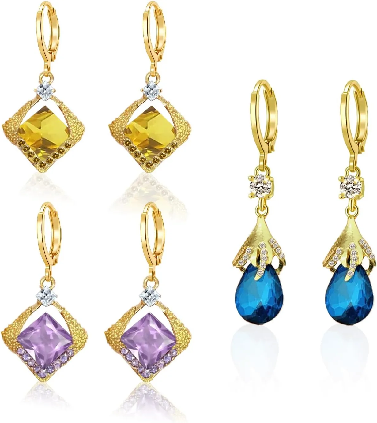 3 Pairs Crystal Earrings For Women 18K Gold Plated Crystal Dangle Earrings For Women Leverback Dangle Earring Created Purple Drop Earring Jewelry Gifts for Mom