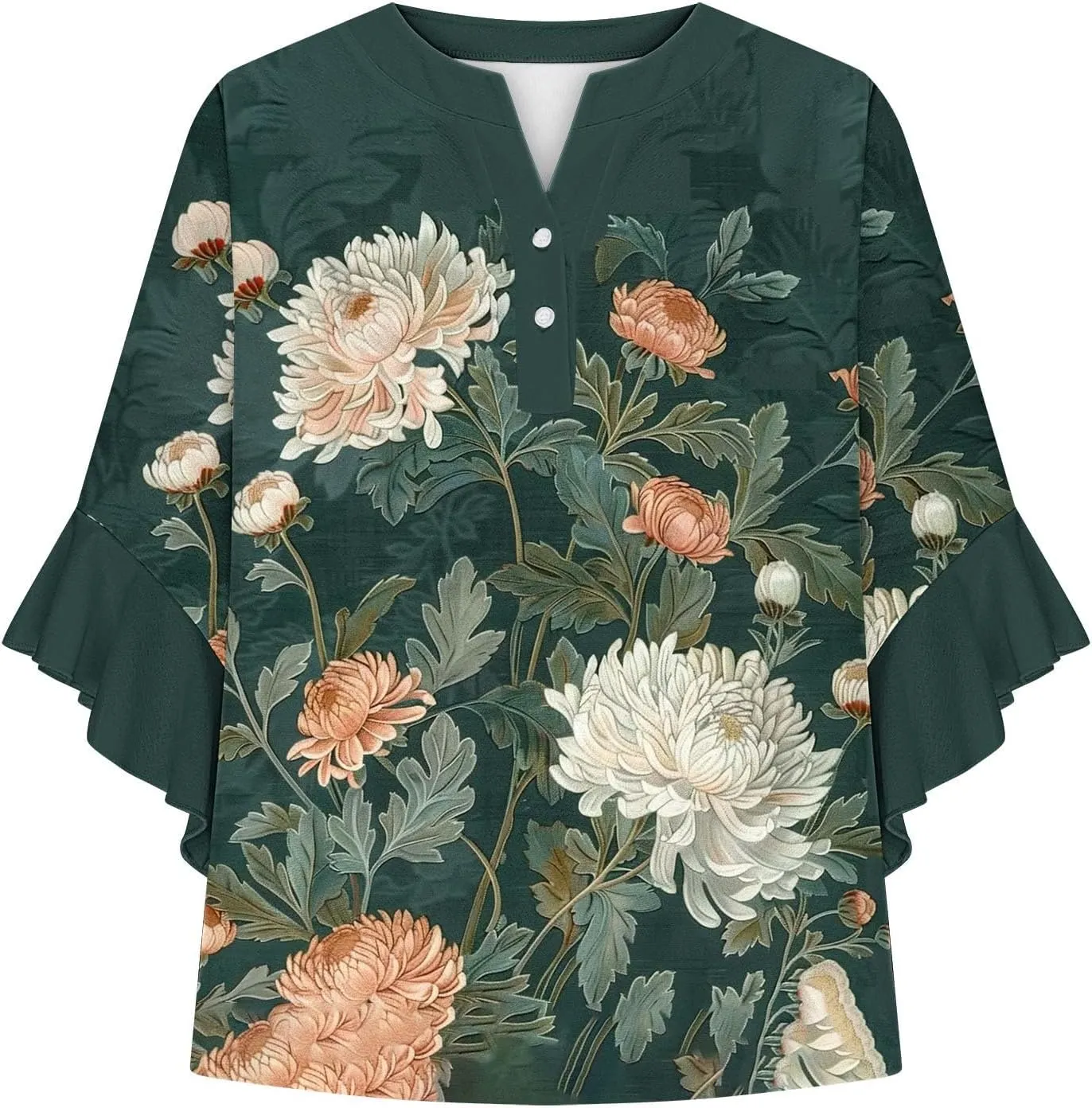 3/4 Length Sleeve Women Tops V Neck Ruffle Shirts Casual Summer Floral Boho Blouses Plus Size Spring Clothes