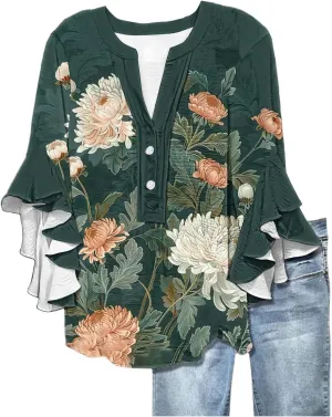3/4 Length Sleeve Women Tops V Neck Ruffle Shirts Casual Summer Floral Boho Blouses Plus Size Spring Clothes