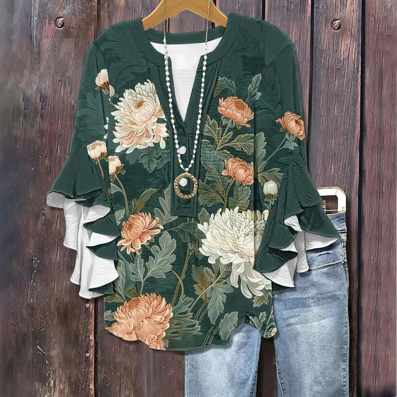 3/4 Length Sleeve Women Tops V Neck Ruffle Shirts Casual Summer Floral Boho Blouses Plus Size Spring Clothes