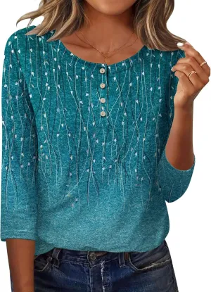 3/4 Length Sleeve Womens Summer Tops 2025 Button Crew Neck Blouses Dressy Casual Loose Fit Floral/Patriotic Shirts
