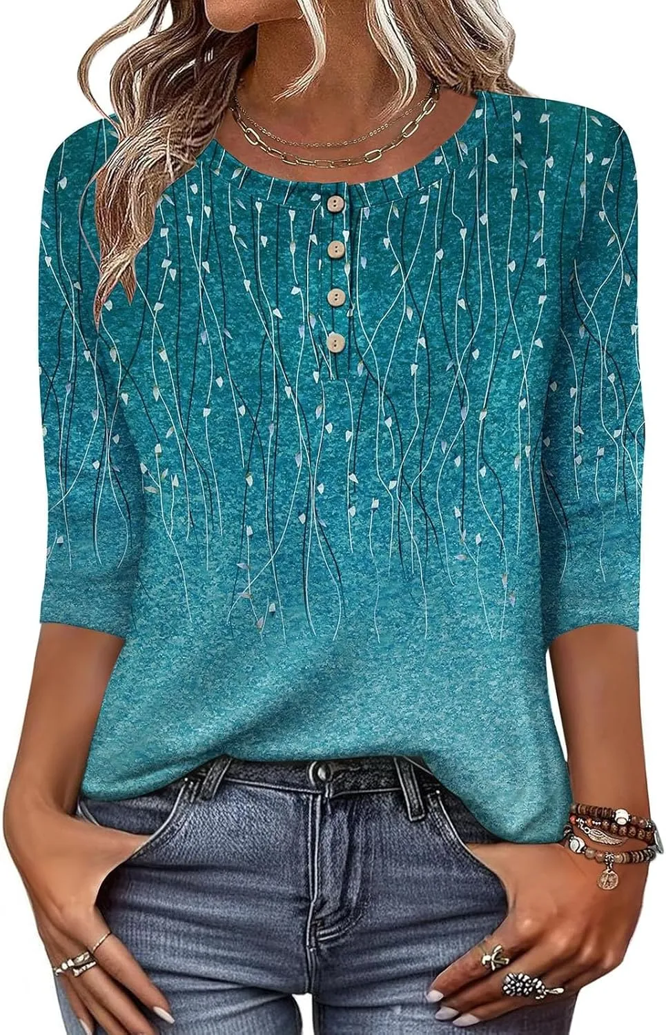 3/4 Length Sleeve Womens Summer Tops 2025 Button Crew Neck Blouses Dressy Casual Loose Fit Floral/Patriotic Shirts