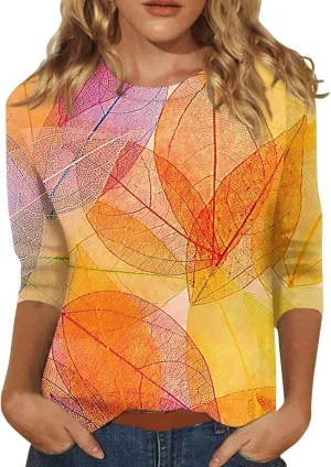 3/4 Length Sleeve Womens Tops 2024 Floral Print Vintage Casual Loose with Round Neck Plus Size Shirts