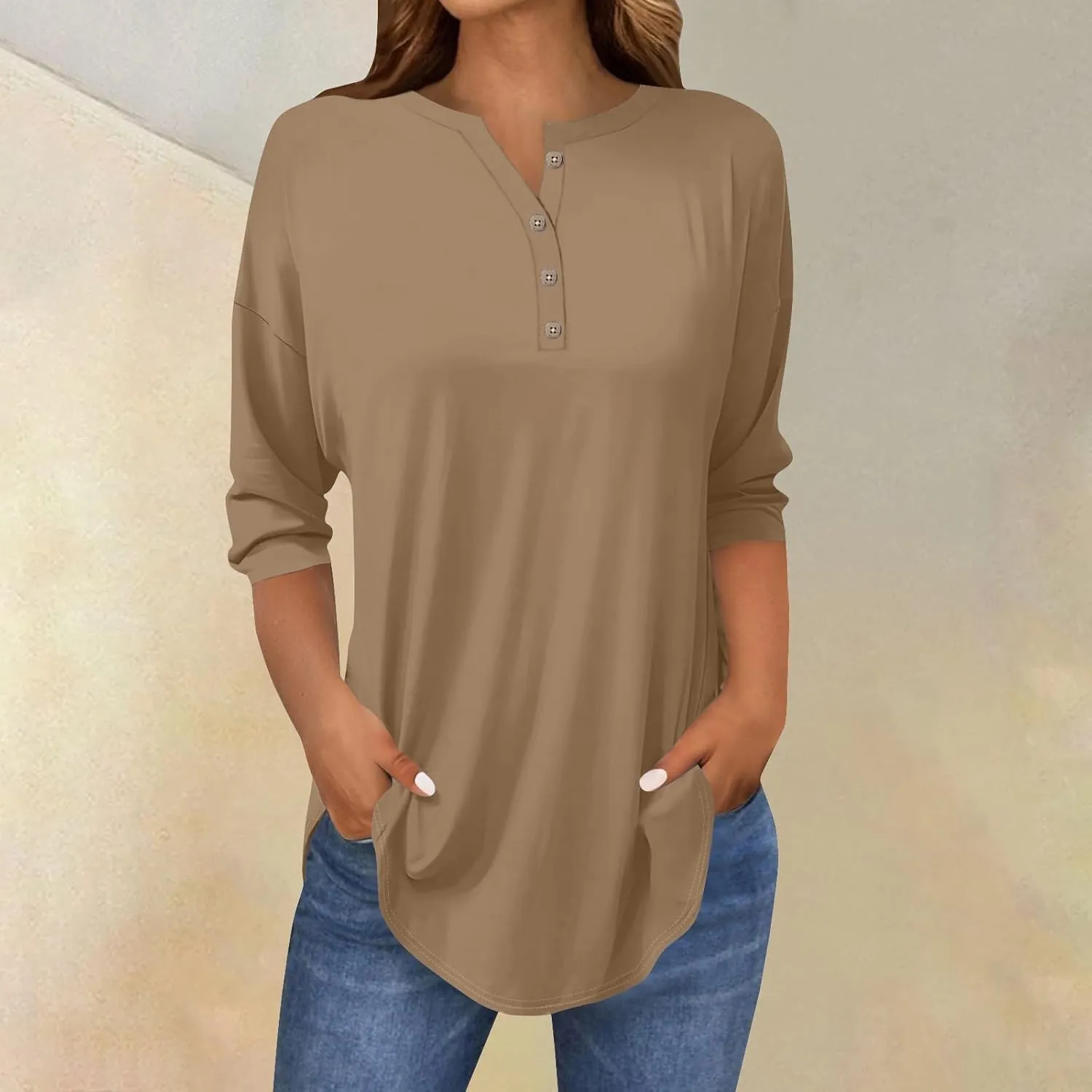 3/4 Length Sleeve Womens Tops 2025 Casual Loose Fit Long Tunic Tops Henley Neck Three Quarter Sleeve Button Up Shirts