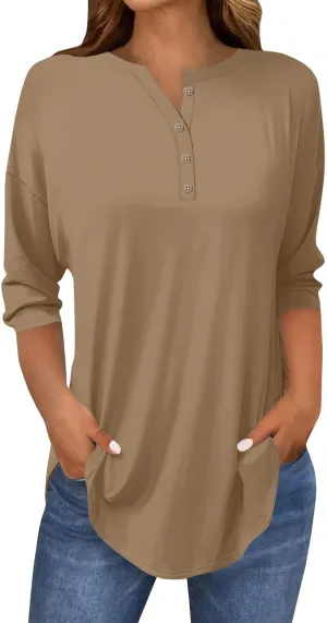 3/4 Length Sleeve Womens Tops 2025 Casual Loose Fit Long Tunic Tops Henley Neck Three Quarter Sleeve Button Up Shirts