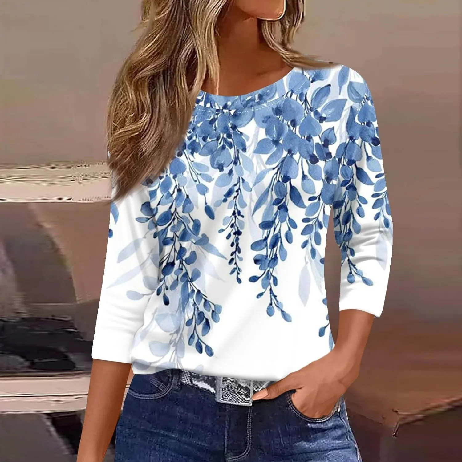 3/4 Length Sleeve Womens Tops 2025 Summer Crew Neck Shirts Three Quarter Sleeve Petite Tshirts