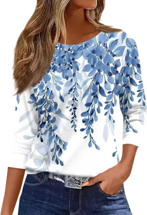 3/4 Length Sleeve Womens Tops 2025 Summer Crew Neck Shirts Three Quarter Sleeve Petite Tshirts
