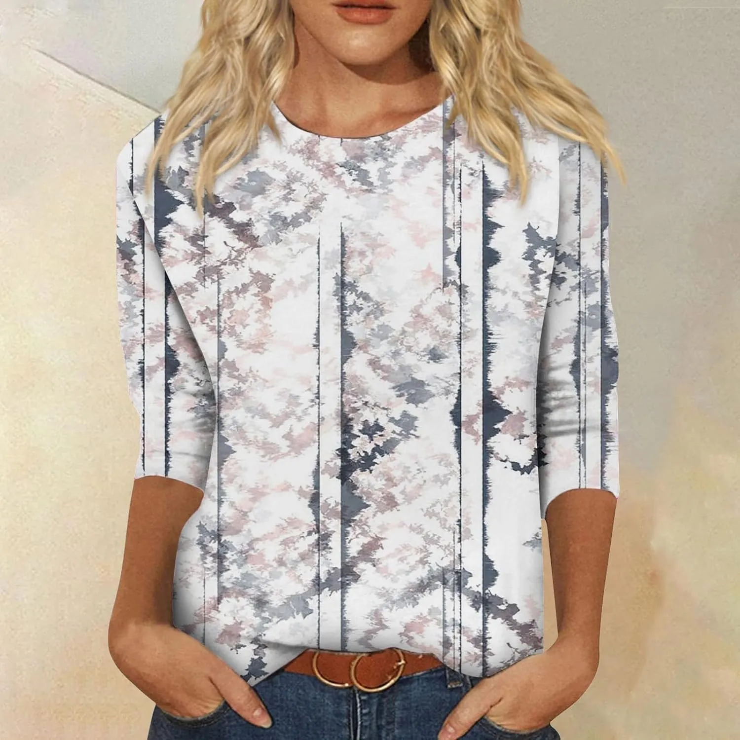 3/4 Length Sleeve Womens Tops Plus Size Crewneck Floral Graphic Shirts Three Quarter Loose Casual Dressy Blouses