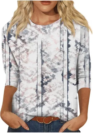 3/4 Length Sleeve Womens Tops Plus Size Crewneck Floral Graphic Shirts Three Quarter Loose Casual Dressy Blouses