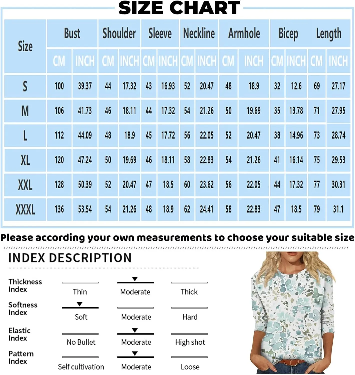 3/4 Length Sleeve Womens Tops Plus Size Crewneck Floral Graphic Shirts Three Quarter Loose Casual Dressy Blouses