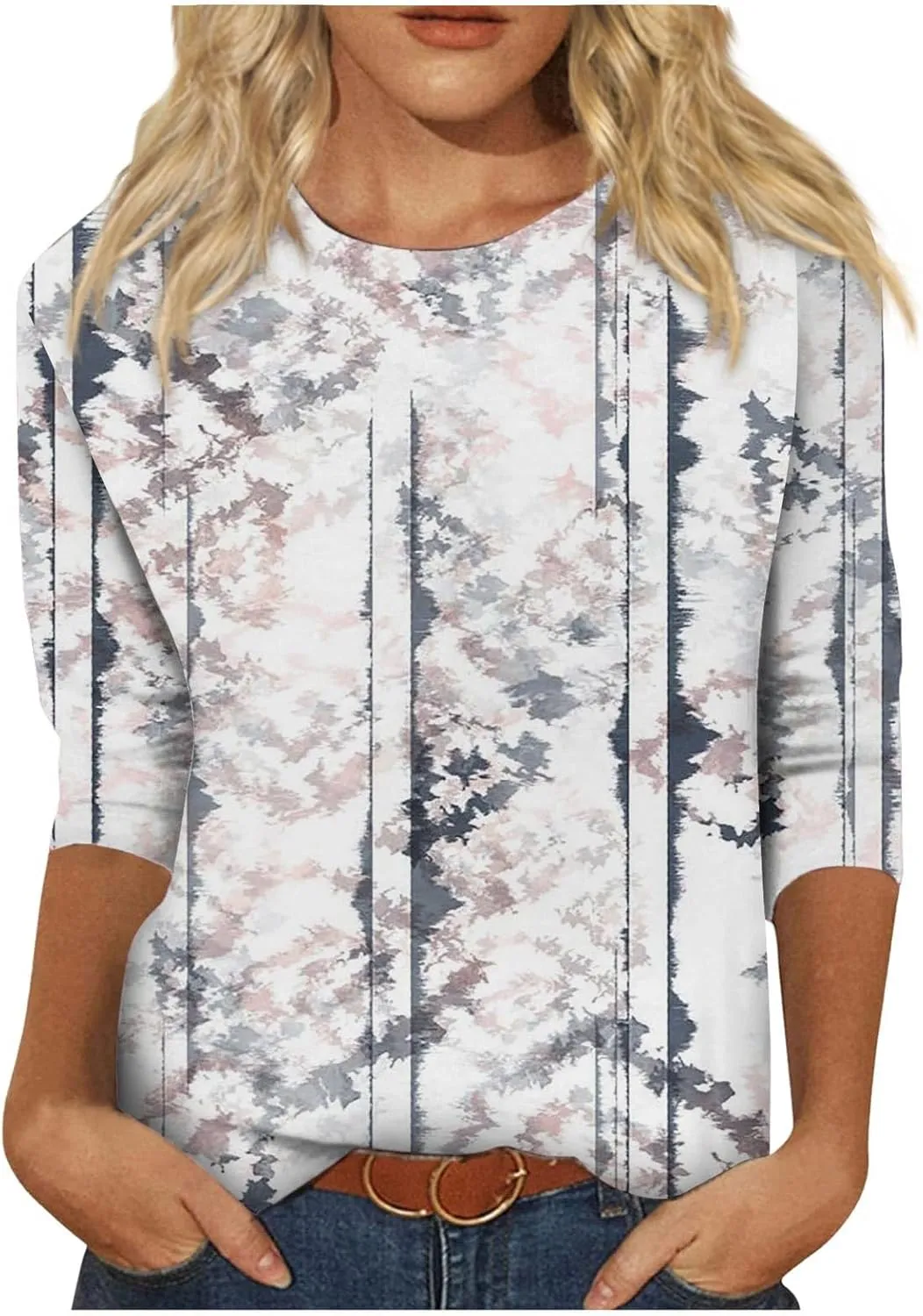 3/4 Length Sleeve Womens Tops Plus Size Crewneck Floral Graphic Shirts Three Quarter Loose Casual Dressy Blouses
