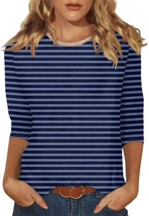 3/4 Length Sleeve Womens Tops Plus Size,Basic Elbow Sleeve Workout Top Striped Shirt Crew Neck 3 Quarter Sleeve Tees