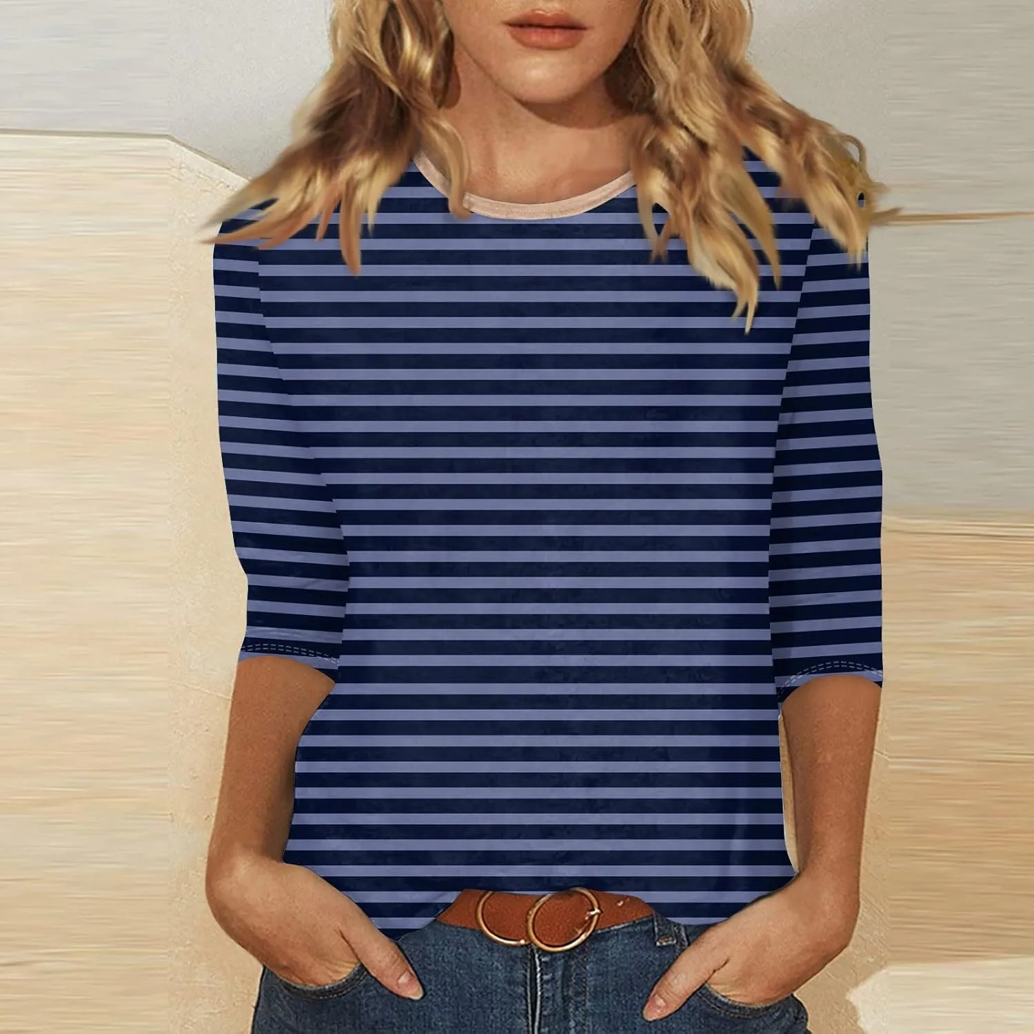 3/4 Length Sleeve Womens Tops Plus Size,Basic Elbow Sleeve Workout Top Striped Shirt Crew Neck 3 Quarter Sleeve Tees