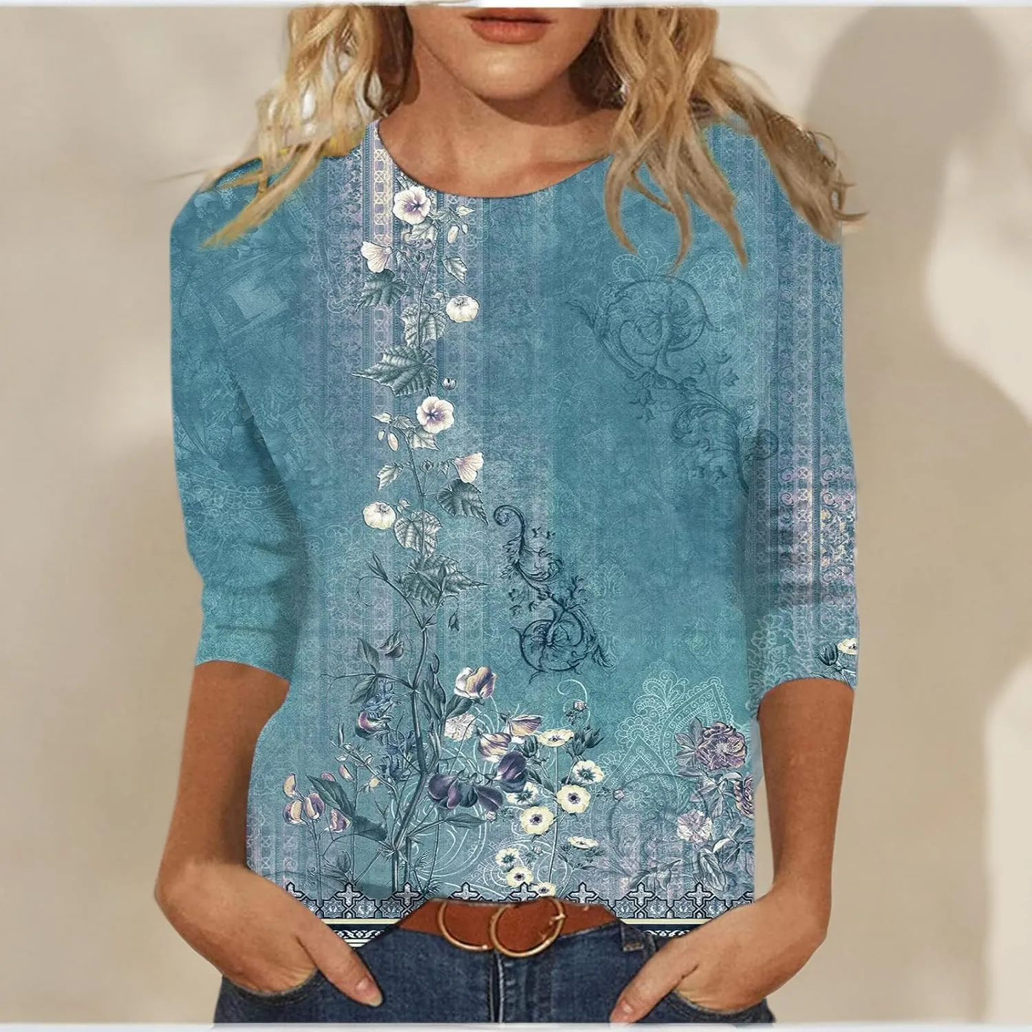 3/4 Length Sleeve Womens Tops Summer 2025 T-Shirts Floral Print Crew Neck Casual Basic Tee Fit Tunic Tops Blouse