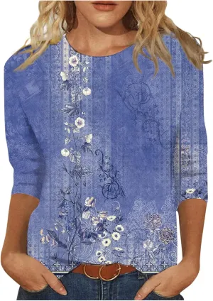 3/4 Length Sleeve Womens Tops Trendy Boho Floral Print Tunic Tops Dressy Casual Round Neck Loose Blouse