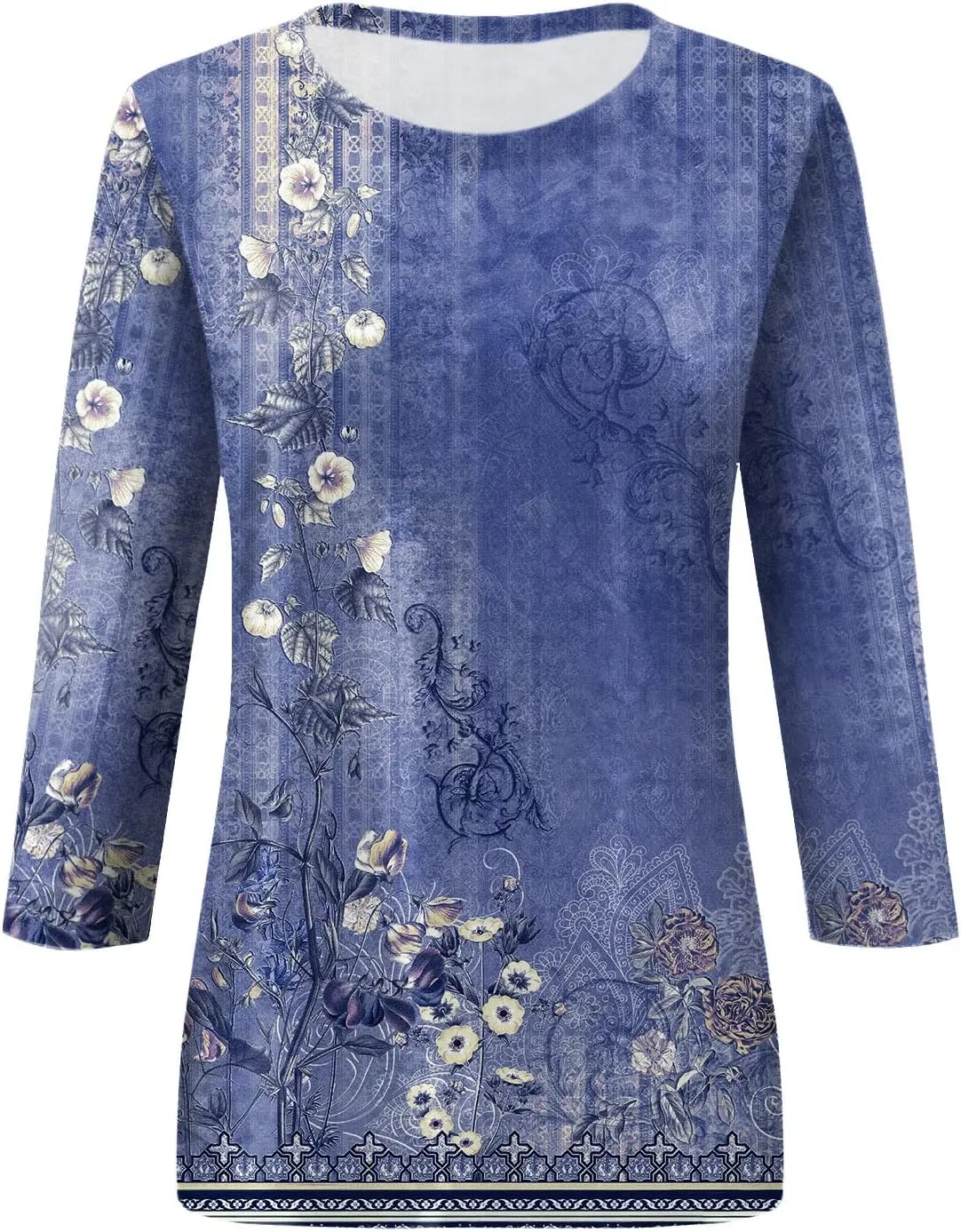 3/4 Length Sleeve Womens Tops Trendy Boho Floral Print Tunic Tops Dressy Casual Round Neck Loose Blouse