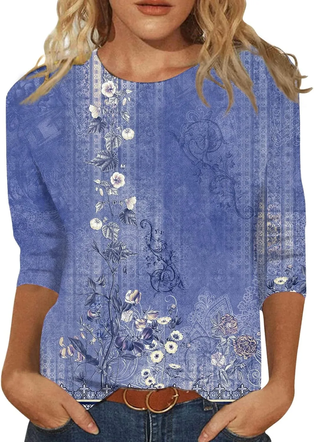 3/4 Length Sleeve Womens Tops Trendy Boho Floral Print Tunic Tops Dressy Casual Round Neck Loose Blouse