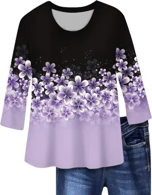 3/4 Length Sleeve Womens Tops Trendy Summer Crewneck Shirts Comfy Print Casual Blouses Graphic Tees
