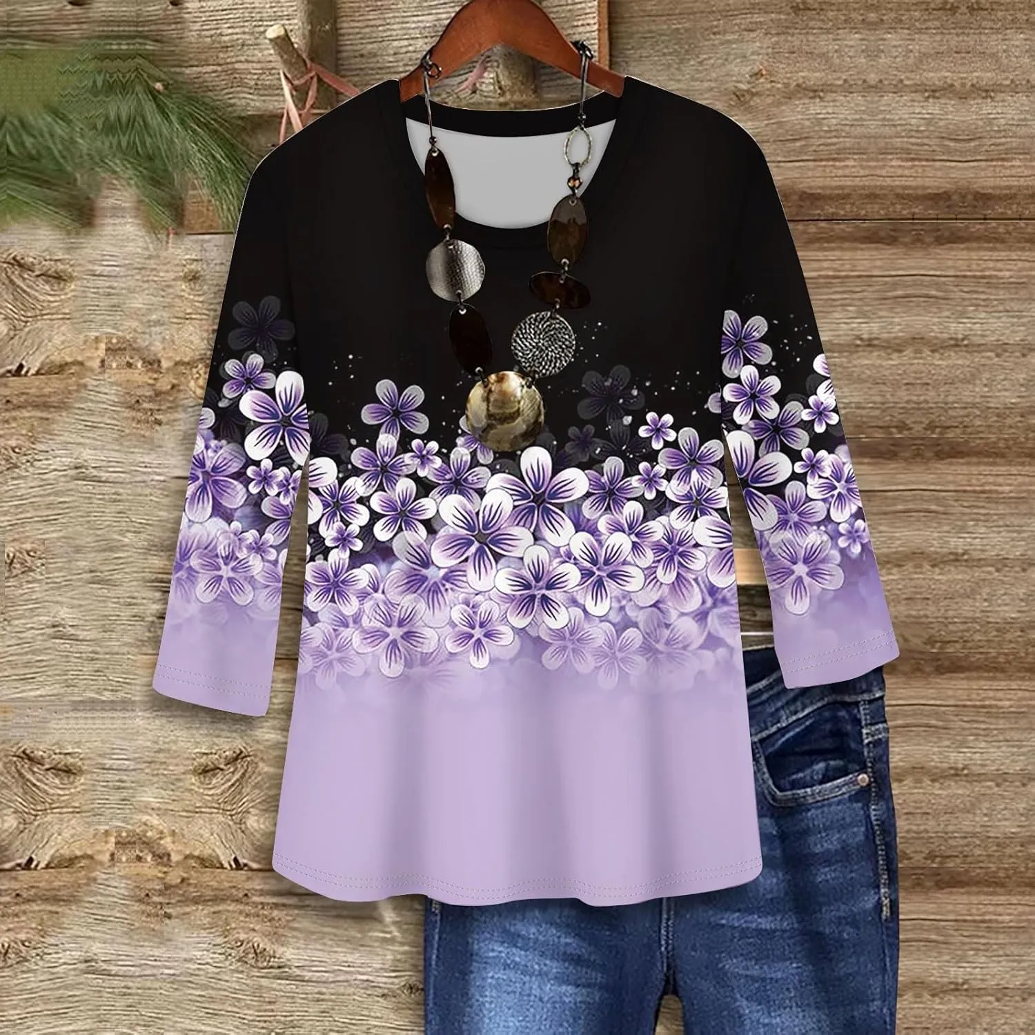 3/4 Length Sleeve Womens Tops Trendy Summer Crewneck Shirts Comfy Print Casual Blouses Graphic Tees