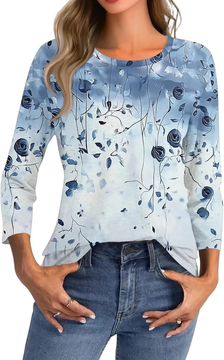3/4 Sleeve Blouses Summer Beach Vacation Clothes for Women Crewneck Shirts Business Dressy Casual Tunic Basic Tees