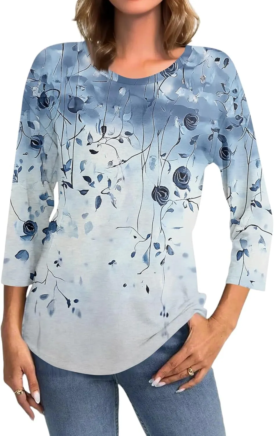 3/4 Sleeve Blouses Summer Beach Vacation Clothes for Women Crewneck Shirts Business Dressy Casual Tunic Basic Tees