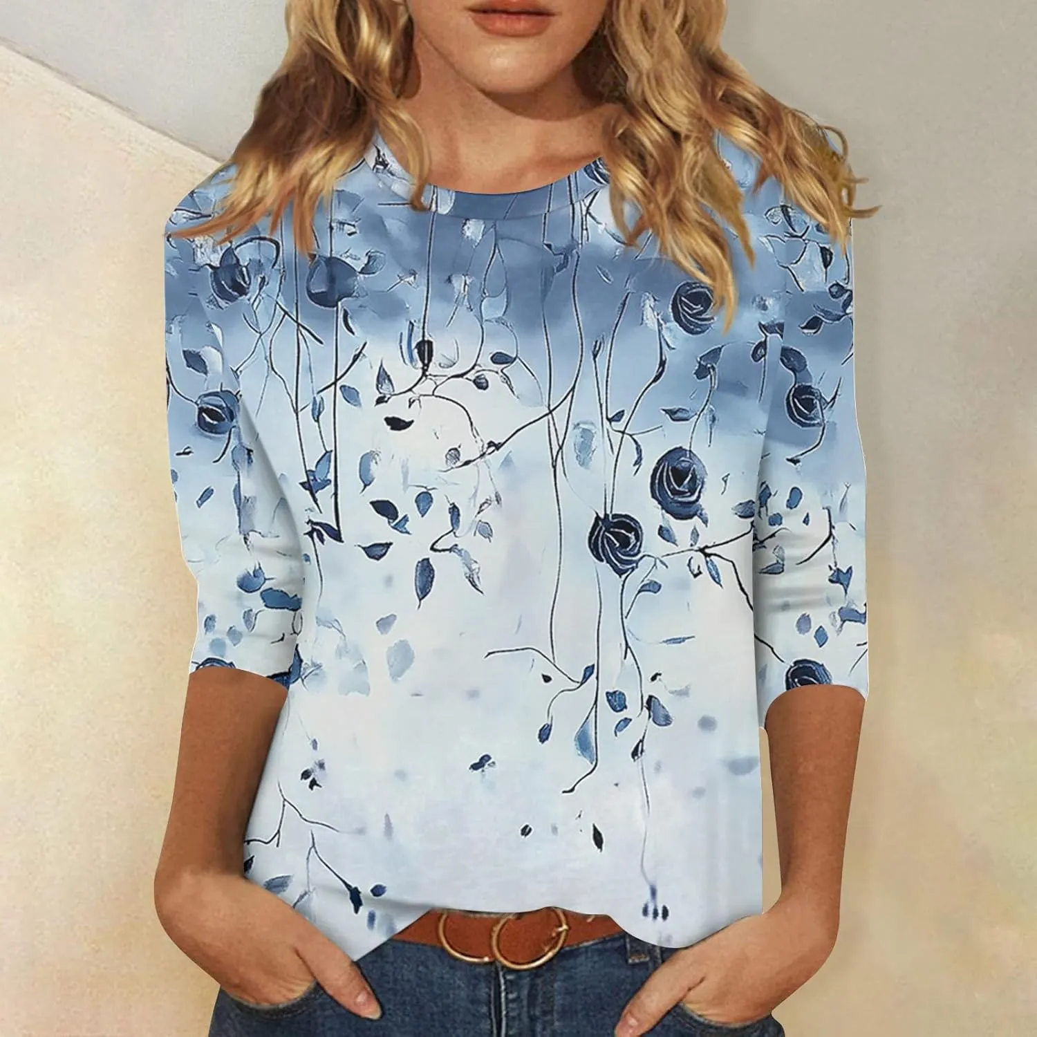 3/4 Sleeve Blouses Summer Beach Vacation Clothes for Women Crewneck Shirts Business Dressy Casual Tunic Basic Tees