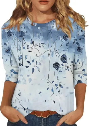 3/4 Sleeve Blouses Summer Beach Vacation Clothes for Women Crewneck Shirts Business Dressy Casual Tunic Basic Tees