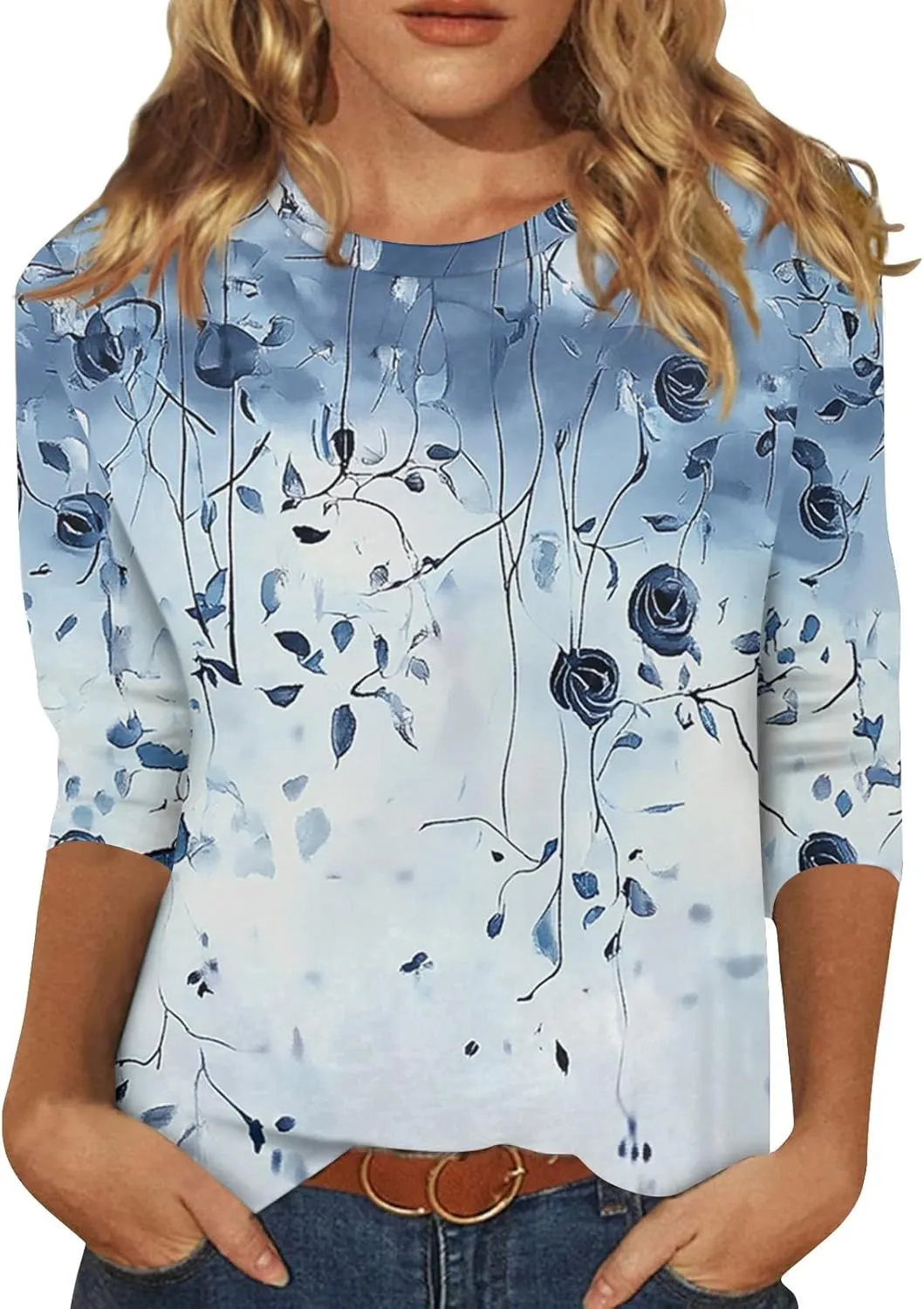 3/4 Sleeve Blouses Summer Beach Vacation Clothes for Women Crewneck Shirts Business Dressy Casual Tunic Basic Tees