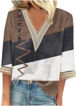 3/4 Sleeve Tee V Neck Hollow Out Women Lace Tops Half Sleeve Cropped T Shirts for Women Gradient Graphic Blouse &