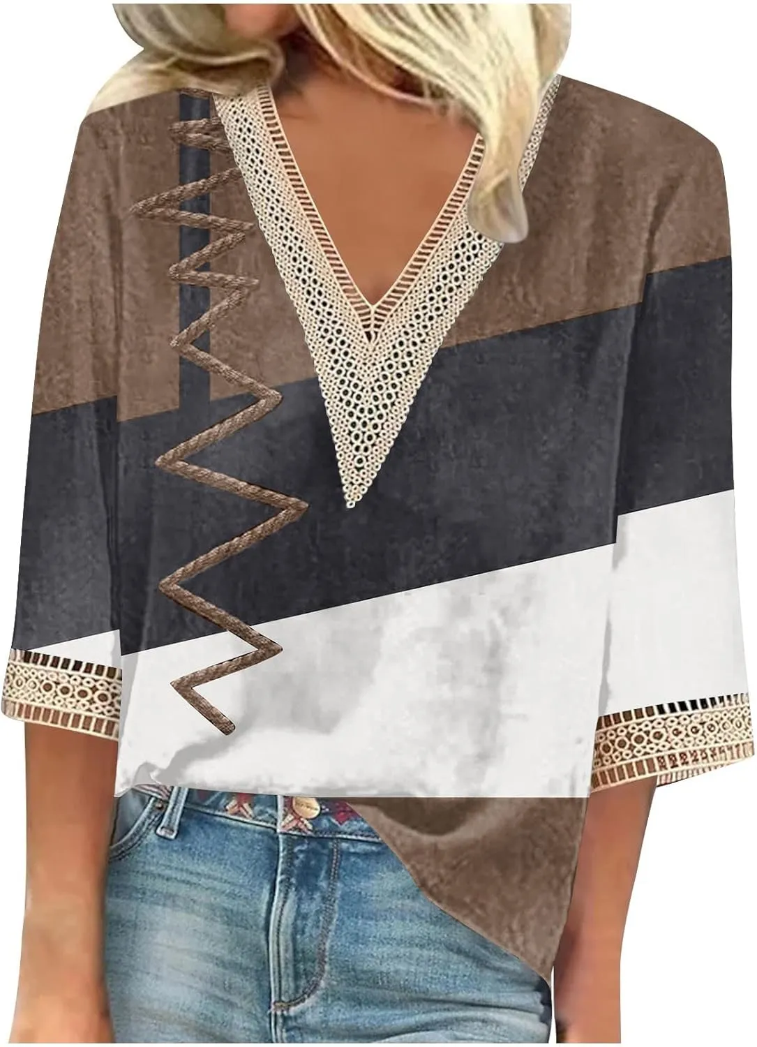 3/4 Sleeve Tee V Neck Hollow Out Women Lace Tops Half Sleeve Cropped T Shirts for Women Gradient Graphic Blouse &