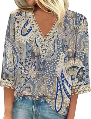 3/4 Sleeve Tee V Neck Hollow Out Women Lace Tops Half Sleeve Cropped T Shirts for Women Gradient Graphic Blouse &