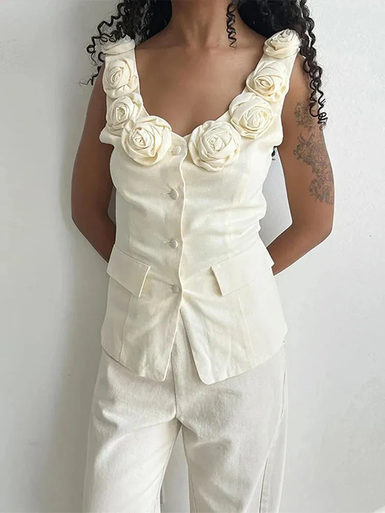 3D Rose Flower Sleeveless Vests Women 2024 Slim Fit V-neck Flowers Tops Summer Sexy Chic  Single-Breasted Casual Outwear