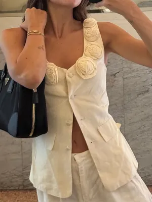 3D Rose Flower Sleeveless Vests Women 2024 Slim Fit V-neck Flowers Tops Summer Sexy Chic  Single-Breasted Casual Outwear