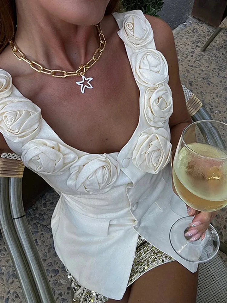 3D Rose Flower Sleeveless Vests Women 2024 Slim Fit V-neck Flowers Tops Summer Sexy Chic  Single-Breasted Casual Outwear