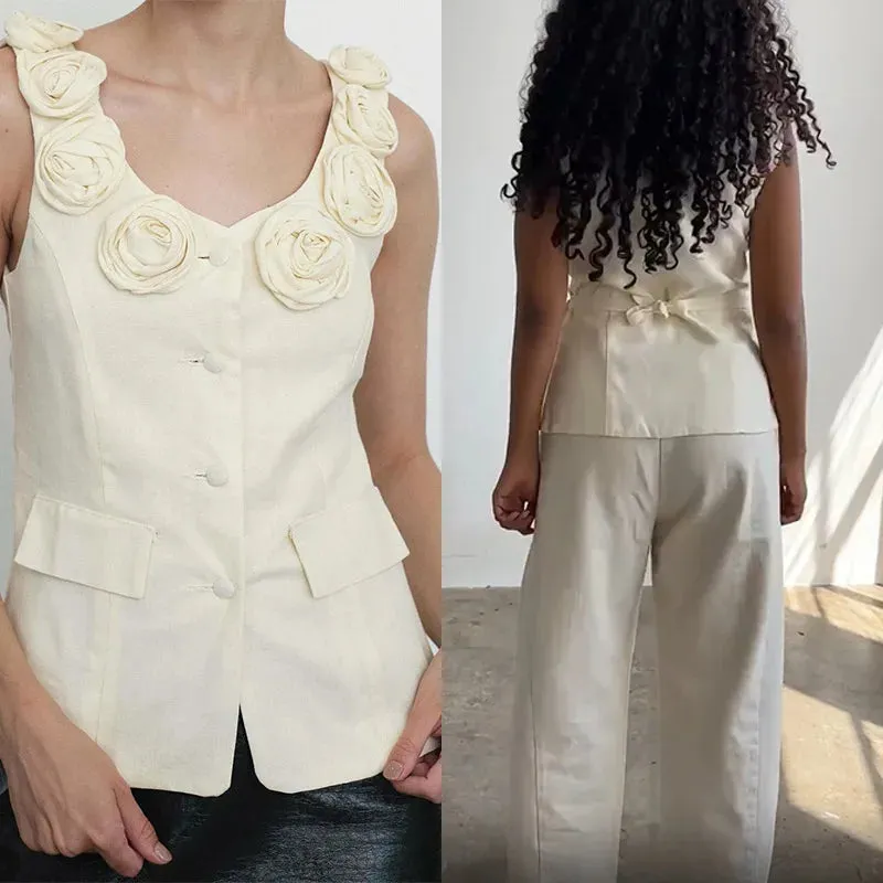 3D Rose Flower Sleeveless Vests Women 2024 Slim Fit V-neck Flowers Tops Summer Sexy Chic  Single-Breasted Casual Outwear