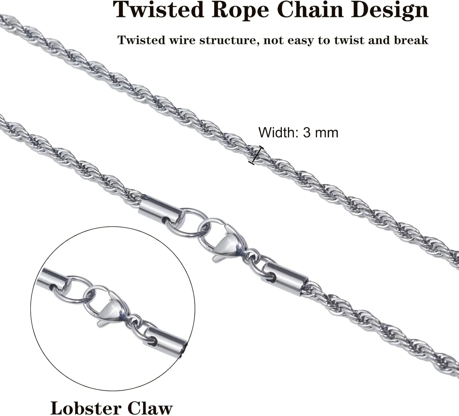 3mm Rope Chain for Men, Stainless Steel Silver Rope Chain for Women Men Wearing in Various Occasions and Silver Necklace Chain Length of 16 18 20 22 24 26 28 30 Inch