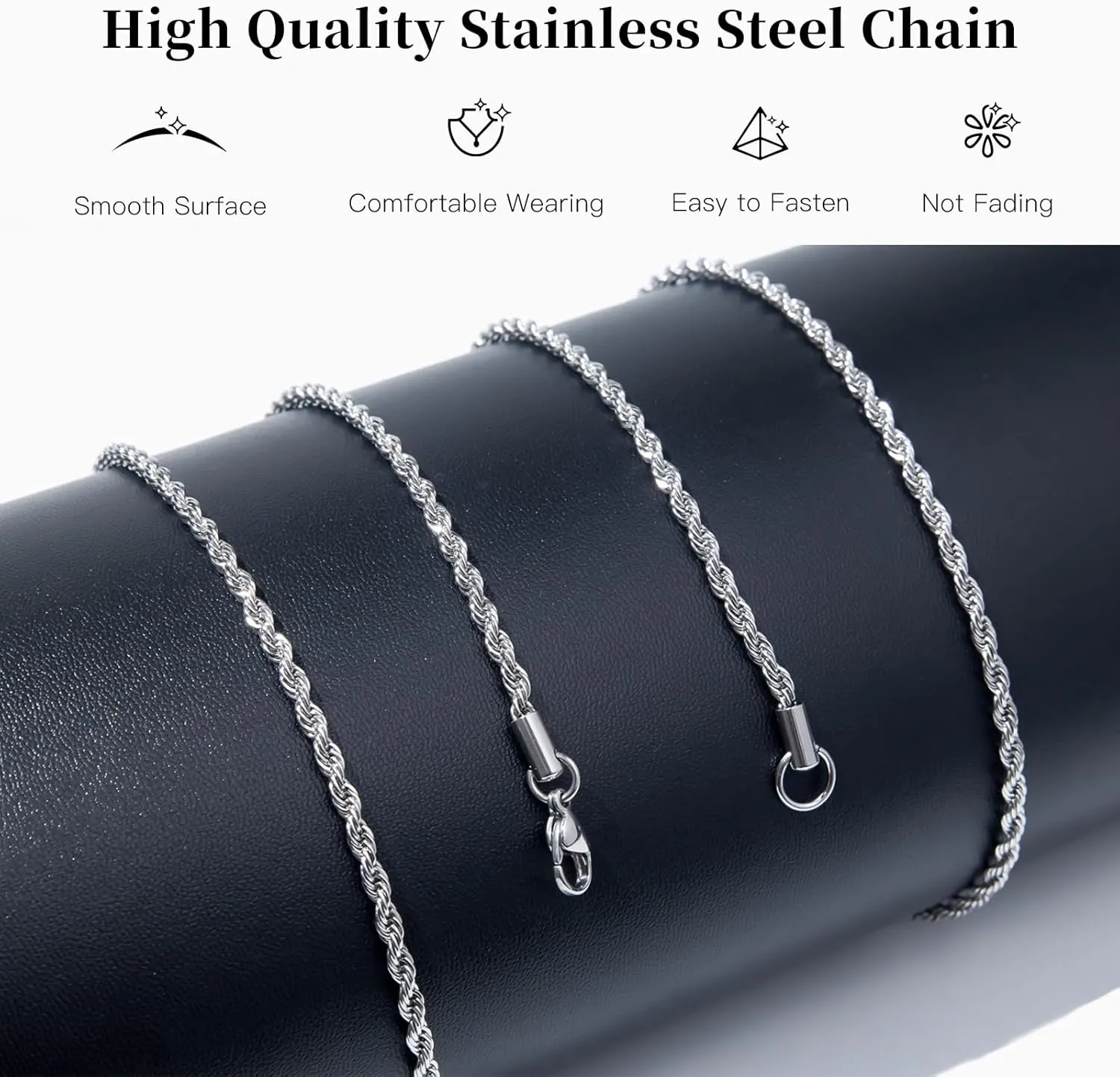 3mm Rope Chain for Men, Stainless Steel Silver Rope Chain for Women Men Wearing in Various Occasions and Silver Necklace Chain Length of 16 18 20 22 24 26 28 30 Inch