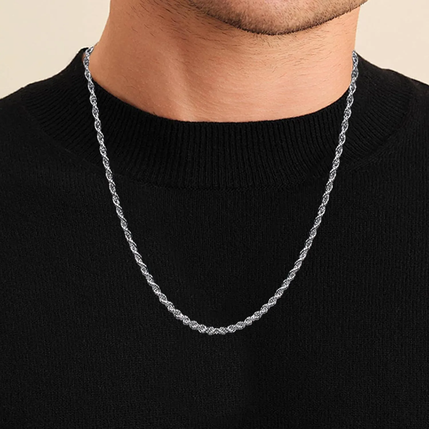 3mm Rope Chain for Men, Stainless Steel Silver Rope Chain for Women Men Wearing in Various Occasions and Silver Necklace Chain Length of 16 18 20 22 24 26 28 30 Inch